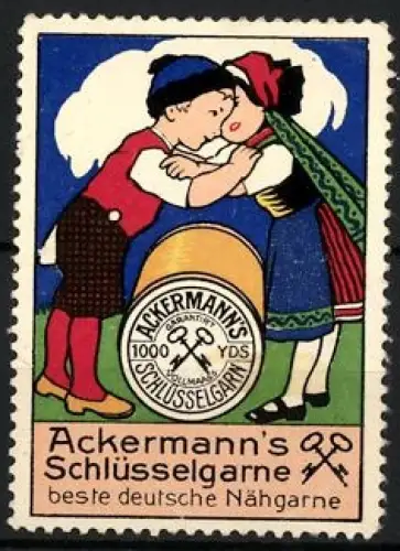 Reklamemarke Ackermann`s Schlüsselgarne, Nähgarne, Kinder mit riesiger Garnrolle