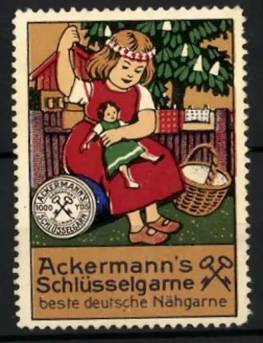 Reklamemarke Ackermann`s, Beste deutsche Nähgarne, Mädchen mit näht an ihrer Puppe