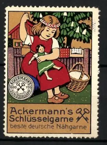 Reklamemarke Ackermann`s Schlüsselgarne, Beste deutsche Nähgarne, Mädchen näht an ihrer Puppe