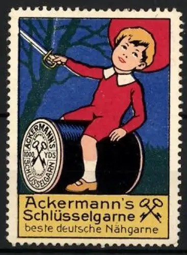 Reklamemarke Ackermann`s Schlüsselgarne, Nähgarne, Kind auf Garnrolle
