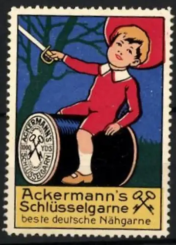 Reklamemarke Ackermann`s Schlüsselgarne, Beste deutsche Nähgarne, Kind auf Garnrolle