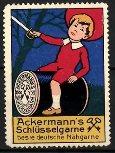 Reklamemarke Ackermann`s Schlüsselgarne, Nähgarne, Kind auf Garnrolle