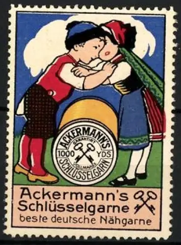 Reklamemarke Ackermann`s Schlüsselgarne, Nähgarne, Kinder in Tracht