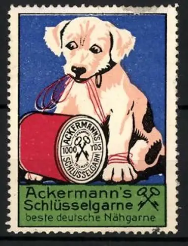 Reklamemarke Ackermann`s Schlüsselgarne, Nähgarne, Hund mit Garnrolle