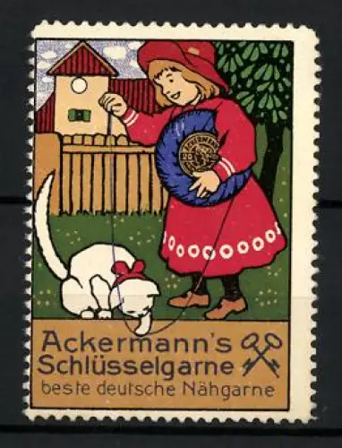 Reklamemarke Ackermann`s Schlüsselgarne, Nähgarne, Mädchen mit Katze und Garnknäuel