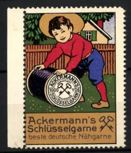 Reklamemarke Ackermann`s Schlüsselgarne, Nähgarne, Junge mit Garnrolle