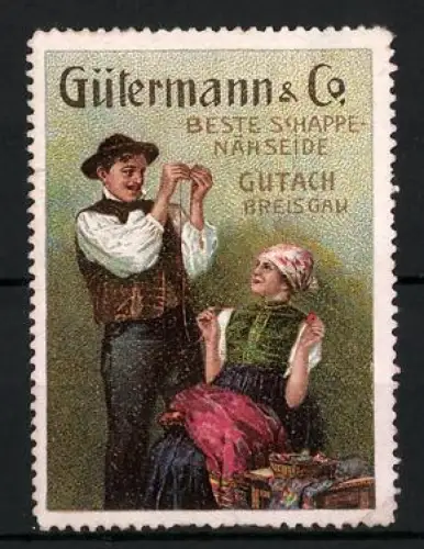 Reklamemarke Gutach i. Breisgau, Gütermann & Co., Schappe-Nähseide, Mann und Frau mit Nähseide