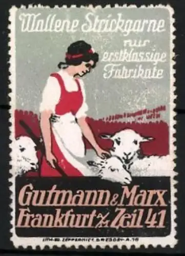 Reklamemarke Frankfurt, Gutmann & Marx, Wollene Strickgarne, Frau mit Schafen