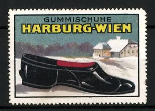 Reklamemarke Wien & Harburg, Gummischuhe, schwarzer Schuh vor Winterlandschaft