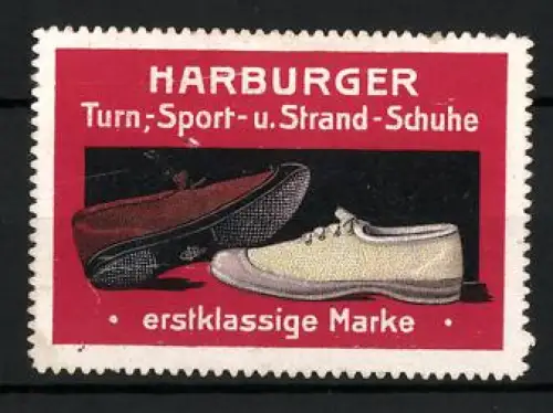 Reklamemarke Harburg, Harburger Turn-, Sport- u. Strand-Schuhe, Zwei modische Schuhe