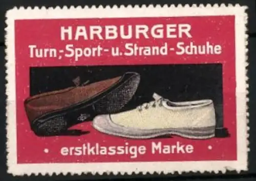 Reklamemarke Harburg, Harburger Turn-, Sport- u. Strand-Schuhe, zwei modische Schuhe
