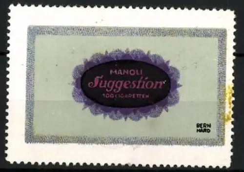Künstler-Reklamemarke Lucian Bernhard, Manoli Suggestion, Zigaretten und Tabakwaren, lilafarbene Schrift auf Schwarz
