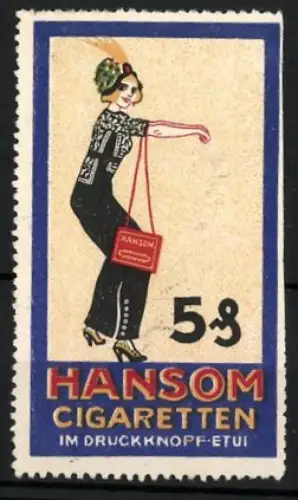 Reklamemarke Hansom, Cigaretten im Druckknopf-Etui, Modisch gekleidete Frau mit Handtasche und Hansom-Logo
