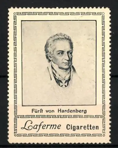 Reklamemarke Fürst von Hardenberg im Portrait, Laferme Zigaretten