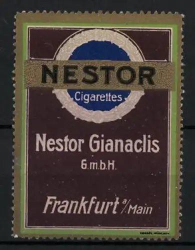 Reklamemarke Frankfurt a. Main, Nestor Gianaclis, Tabakwaren und Zigaretten, blauer Kreis und Goldband
