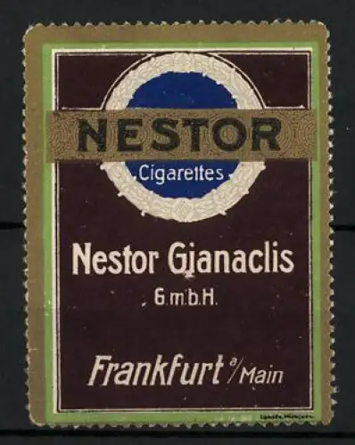 Reklamemarke Frankfurt a. Main, Nestor Gjanaclis, Zigaretten und Tabakwaren, Nestor-Logo