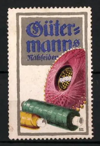 Künstler-Reklamemarke Lucian Bernhard, Gütermann`s Nähseide, Nähgarne, Garnrollen in verschiedenen Farben