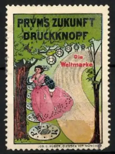 Reklamemarke Prym`s Zukunft, Druckknopf, Frau im Kleid läuft über Druckknöpfe