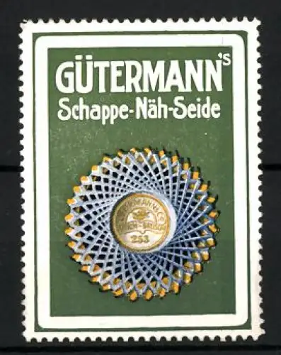 Reklamemarke Gütermann`s Schappe-Näh-Seide, Nähgarne, Spule mit hellblauem Garn