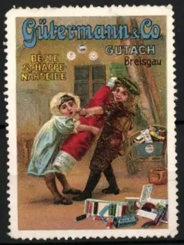 Reklamemarke Gutach i. Breisgau, Gütermann & Co. Beste Schappeseide, Nähgarn, Kinder spielen mit riesiger Garnspule