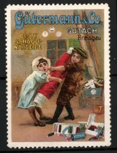Reklamemarke Gutach i. Breisgau, Gütermann & Co, Schappe Nähseide, Nähgarn, Kinder mit riesiger Garnrolle