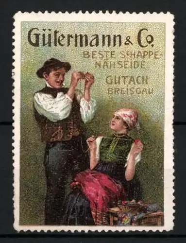 Reklamemarke Gutach i. Breisgau, Gütermann & Co. Schappe Nähseide, Nähgarn, Mann und Frau mit Nähgarn