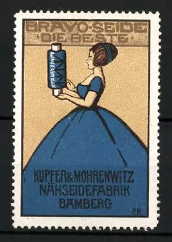 Reklamemarke Bamberg, Kupfer & Mohrenwitz, Nähseidefabrik, Bravo-Seide, Frau mit blauer Seidenspule