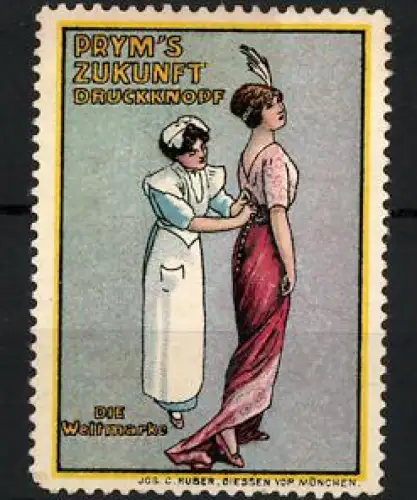 Reklamemarke Prym`s Zukunft, Druckknopf, Schneiderin hilft Dame im Kleid