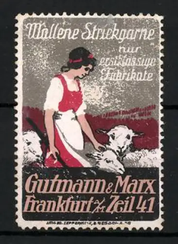 Reklamemarke Frankfurt a.M., Gutmann & Marx, Zeil 41, Wollene Strickgarne, Frau mit Schafen