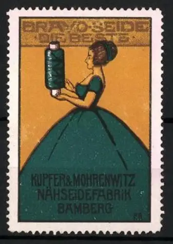 Reklamemarke Bamberg, Kupfer & Mohrenwitz, Nähseidefabrik, Frau mit grüner Nähgarnrolle