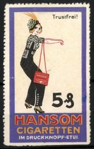 Reklamemarke Hansom Cigaretten, Tabakwaren und Zigaretten, Frau mit Handtasche und Firmenlogo