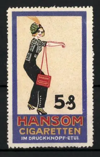 Reklamemarke Hansom Cigaretten, Tabakwaren und Zigaretten, Frau trägt Handtasche mit Firmenlogo
