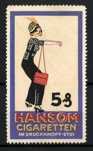 Reklamemarke Hansom Cigaretten, Tabakwaren und Zigaretten, Frau trägt Handtasche mit Firmenlogo
