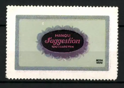 Künstler-Reklamemarke Lucian Bernhard, Manoli Suggestion Cigaretten, Tabakwaren und Zigaretten, lilafarbener Schriftzug