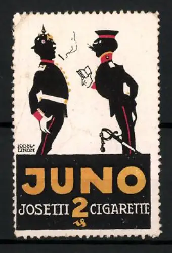 Künstler-Reklamemarke sign. Kon-Linon: Juno Josetti Cigarette, Tabakwaren und Zigaretten, Zwei Soldaten beim Rauchen