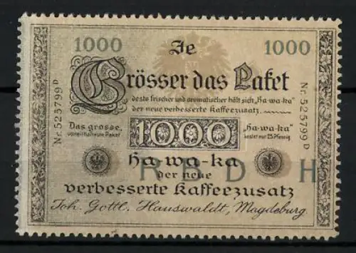 Reklamemarke Magdeburg, Joh. Gottl. Hauswaldt, Kaffeezusatz Ho-wa-ka, mit Reichsadler