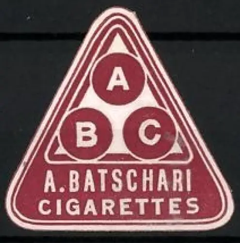 Reklamemarke A. Batschari, Cigarettes, Tabakwaren und Zigaretten, Dreieck mit ABC-Symbolen