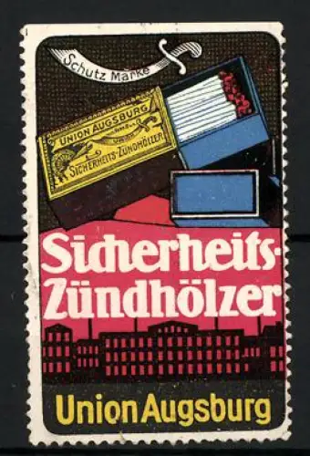 Reklamemarke Augsburg, Union Augsburg, Sicherheits-Zündhölzer, Streichholzschachtel und Säbel