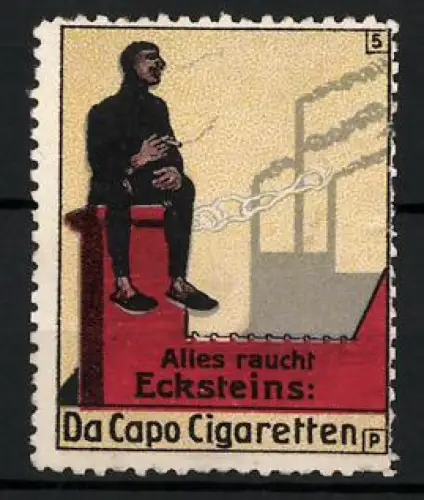 Reklamemarke Eckstein`s Da Capo Cigaretten, Tabakwaren und Zigaretten, Rauchender Mann sitzt auf einem Schornstein