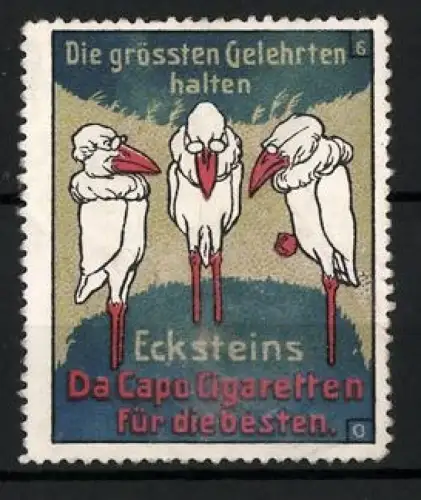 Reklamemarke Ecksteins Da Capo Cigaretten, Tabakwaren und Zigaretten, Drei Gelehrte Störche