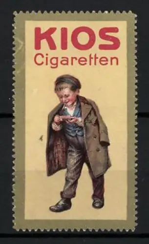 Reklamemarke KIOS Cigaretten, Tabakwaren und Zigaretten, Rauchender Junge mit Mantel auf den Schultern