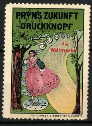 Reklamemarke Prym`s Zukunft Druckknöpfe, Frau im Wald auf einem Knopfweg