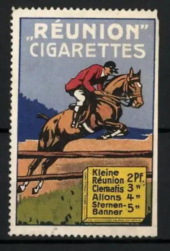 Reklamemarke Réunion Cigarettes, Tabakwaren und Zigaretten, Reiter auf Pferd beim Hindernislauf