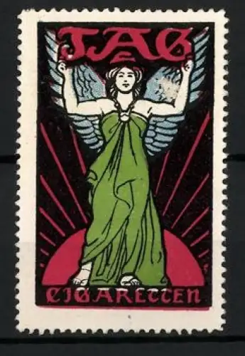 Reklamemarke JAG Cigaretten, Tabakwaren und Zigaretten, Engel in grünem Kleid