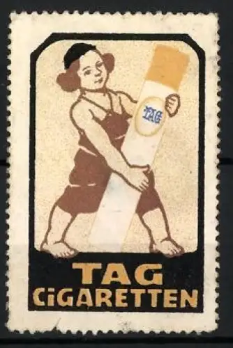 Reklamemarke TAG Cigaretten, Tabakwaren und Zigaretten, Kind mit riesiger Zigarette