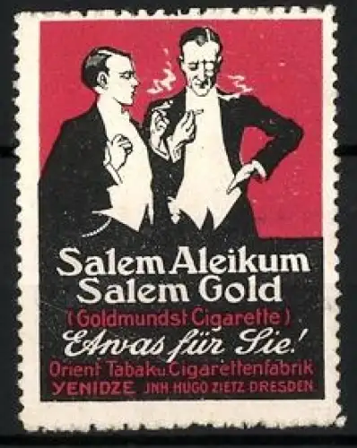 Reklamemarke Dresden, Hugo Zietz, Yenidze Cigarettenfabrik, Salem Aleikum Zigaretten, Tabakwaren, Raucher im Gespräch