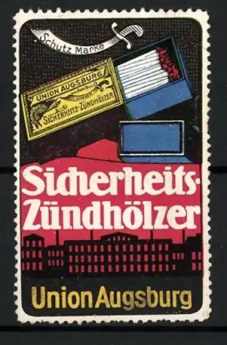 Reklamemarke Augsburg, Union Augsburg, Sicherheits-Zündhölzer, Streichholzschachtel, Fabrik und Säbel