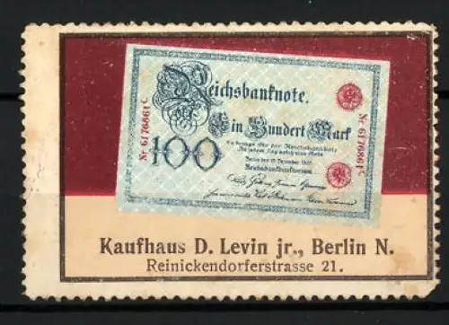 Reklamemarke Berlin, Kaufhaus D. Levin jr., Reichsbanknote 100 Mark