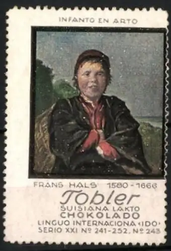 Reklamemarke Suisiana Lakto Chokolado, Tobler-Schokolade, Gemälde von Frans Hals, Esperanto