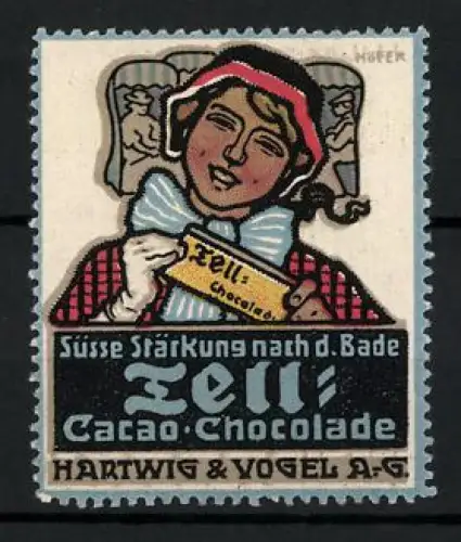 Künstler-Reklamemarke Paul Höfer, Hartwig & Vogel AG, Tell-Chocolade, Lächelnde Frau mit Schokolade